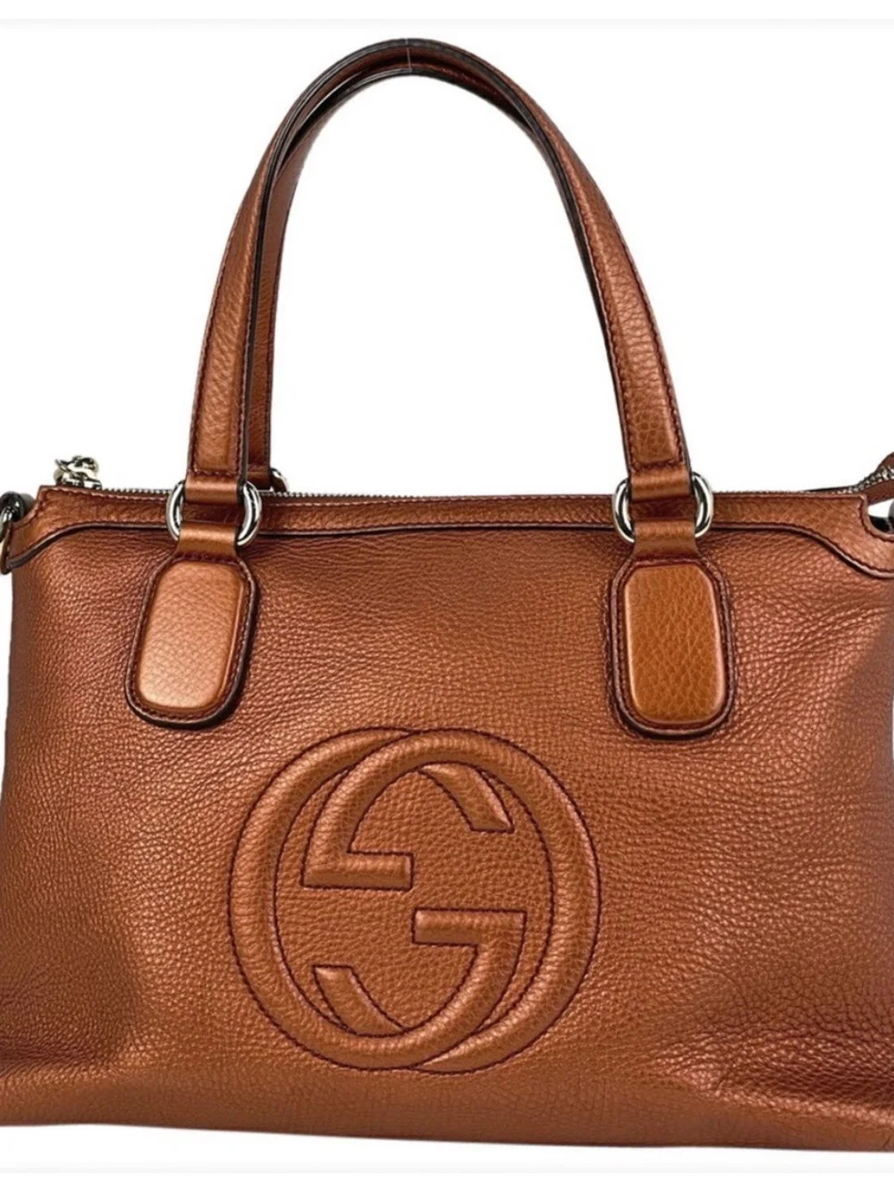 Gucci Orange Brown Metallic Pebbled Leather 2way Soho Working Tote Satchel Auth